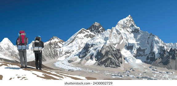 Mount Everest und Nuptse von Nepal Seite aus gesehen von Kala Patthar Gipfel und zwei Touristen, Kletterer oder Wanderer mit großen Rucksäcken, Vektor-Illustration, Nepal Himalaya Berg