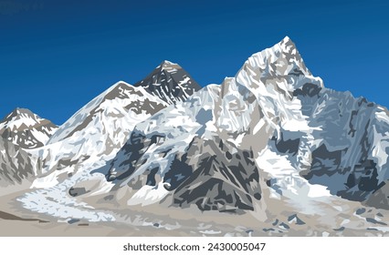 mount Everest and Nuptse from Nepal side as seen from Kala Patthar peak, vector illustration, Mt Everest 8,848 m, Khumbu valley, Sagarmatha national park, Nepal Himalaya mountain