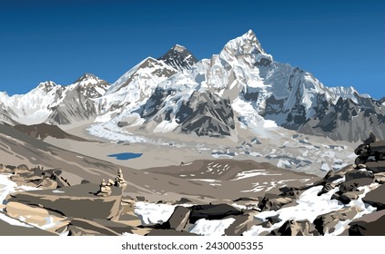 mount Everest and Nuptse from Nepal side as seen from Kala Patthar peak, vector illustration, Mt Everest 8,848 m, Khumbu valley, Sagarmatha national park, Nepal Himalaya mountain