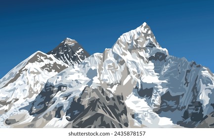 mount Everest and Nuptse from Nepal side as seen from Kala Patthar peak, vector illustration, Mt Everest 8,848 m, Khumbu valley, Sagarmatha national park, Nepal Himalaya mountain