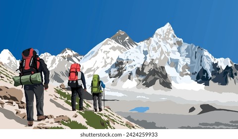 mount Everest and Nuptse as seen from Kala Patthar with three hikers, vector illustration, Mt Everest 8,848 m, Khumbu valley, Nepal Himalayas mountains