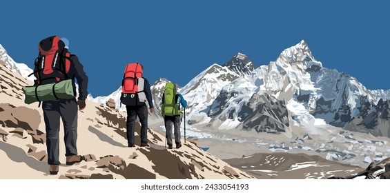 Mount Everest und Nuptse von Kala Patthar aus gesehen mit drei Wanderern, Vektorgrafik, Mt Everest 8.848 m, Khumbu-Tal, Nepal Himalayas Berge