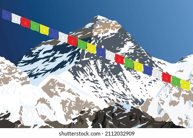 mount Everest with prayer flags as seen from gokyo, vector illustration, Mt Everest 8,848 m, Khumbu valley, Sagarmatha national park, Nepal Himalayas mountains