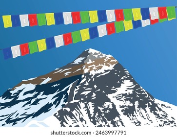 mount Everest with prayer flags as seen from gokyo, vector illustration, Mt Everest 8,848 m, Khumbu valley, Sagarmatha national park, Nepal Himalayas mountains