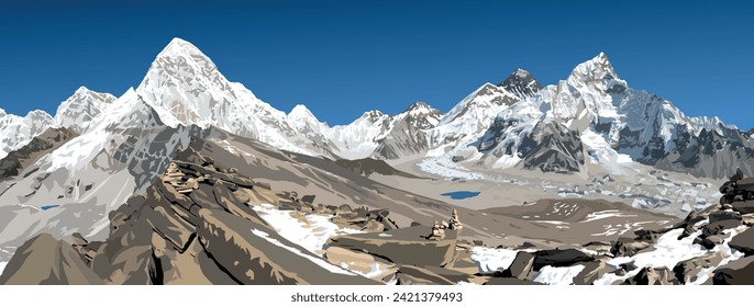 mount Everest, Pumori peak and Mt Nuptse from Nepal side as seen from Kala Patthar peak, vector illustration,  Khumbu valley and glacier, Sagarmatha national park, Nepal Himalaya mountain