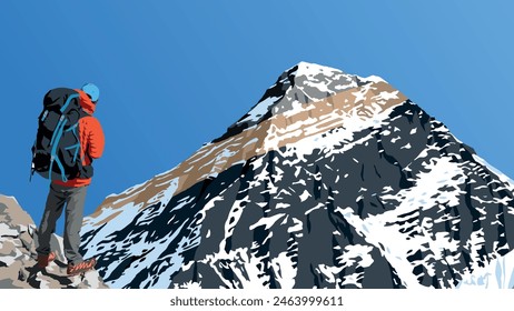 mount Everest as seen from gokyo valley with hikers, vector illustration, Mt Everest 8,848 m, Khumbu valley, Nepal Himalayas mountains