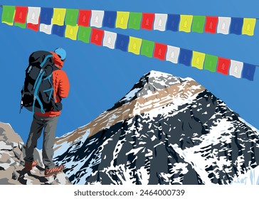 mount Everest as seen from gokyo valley with hiker and buddhist prayer flags, vector illustration, Mt Everest 8,848 m, Khumbu valley, Nepal Himalayas mountains