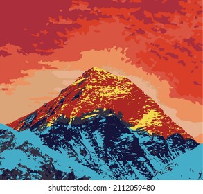 mount Everest as seen from Kala Patthar evening sunset view, vector illustration logo, Mt Everest 8,848 m, Nepal Himalaya mountain