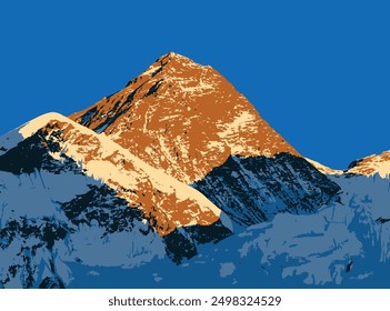 mount Everest as seen from Kala Patthar evening sunset view, vector illustration logo, Mt Everest 8,848 m, Nepal Himalaya mountain