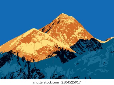 mount Everest as seen from Kala Patthar evening sunset view, vector illustration logo, Mt Everest 8,848 m, Nepal Himalaya mountain