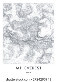 Impressão do mapa topográfico do Monte Everest. Linhas de contorno minimalistas arte.