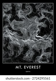 Impressão do mapa topográfico do Monte Everest com tema escuro. Linhas de contorno minimalistas arte.