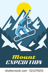 Mount expedition. A snowboarder performing a trick. Leap from the mountain. Road and horizon. Nice view of the nature. Location an active holiday. Fresh air. Winter landscape. Vector illustration.