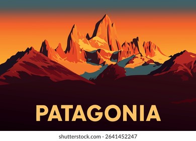 Mount Fitz Roy in Patagonia stands tall against the fiery colors of the setting sun, creating a majestic and dramatic backdrop for outdoor adventures and scenic hikes.