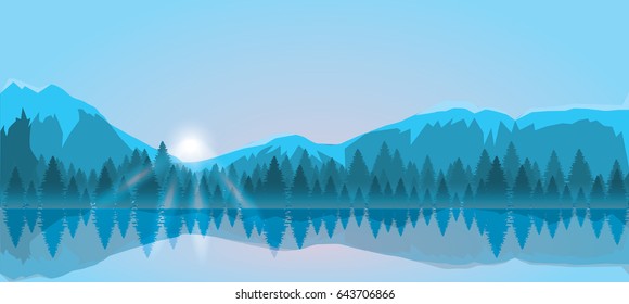 Mount and forest vector illustration. Sunrise