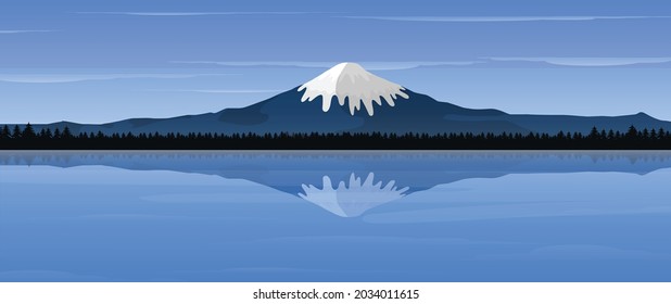 Mount Fuji and clouds. Scenery with river and forest.