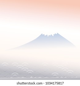 Mount Fuji, dawn, fog, mountain landscape, blue grey pink colors card banner design for text abstract scales simple Nature background with japanese circle pattern. Vector