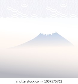 Mount Fuji, dawn, fog, mountain landscape, blue grey pink colors card banner design for text abstract scales simple Nature background with japanese circle pattern. Vector