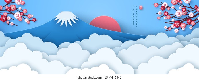 El Monte Fuji al amanecer. Cartel de felicitación o pancarta japonesa con ramas de árbol sakura y nubes cortadas de papel o niebla. Feliz Año Nuevo 2020. Ilustración vectorial.