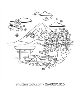 Mount Fuji Embroidery Pattern PDF, Japanese Landscape with Cherry Blossoms. Hand Embroidery Design for Modern DIY Hoop Art, Japan Torii gate