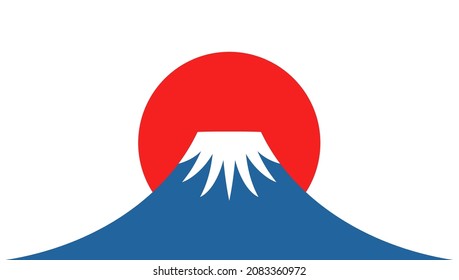 Mount Fuji flat icon at sunset isolated on white background. Japanese minimal greeting card or banner with simple shapes. Happy New Year 2022.