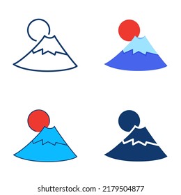 Mount Fuji icon set in flat and line style. Famous Japanese mountain symbol. Vector illustration.