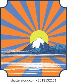 O Monte Fuji é ilustrado em um estilo gráfico em xilogravura com raios de sol sendo refletidos no mar, um design impressionante com espaço para logotipo ou texto