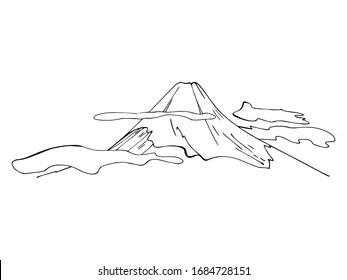 Mount Fuji isolated on a white background. Black outline. Hand-drawn coloring page for adults and children. Japanese style. Design of t-shirts, postcards, flyers, brochures. Vector illustration.