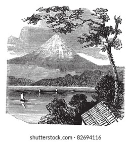Mount Fuji in Japan, during the 1890s, vintage engraving. Old engraved illustration of Mount Fuji, with Lake Kawaguchi and trees in front. Trousset encyclopedia (1886 - 1891).