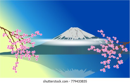 Mount Fuji, Japan illustration vector landscape with sakura flower branch and reflection in lake water