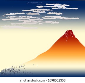 Berg Fuji in Japan Landschaft Vektorgrafik. Edo Periode japanese Zeichnung Retro Poster. Flaches Design.