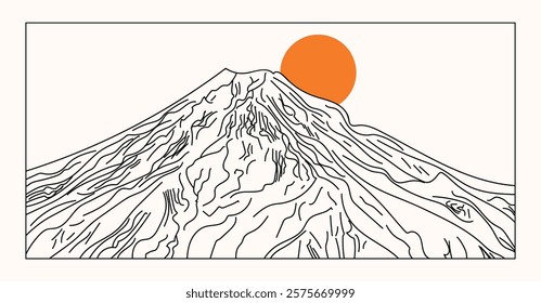 Mount Fuji in Japan, Line Art Style, Vector Art, Modern Art