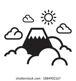Mount Fuji at Japan vector line icon with clouds and sun for Mountain. Nature appreciation outlinesymbol.