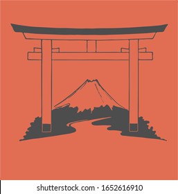 Monte Fuji, puerta japonesa, dibujo vectorial. Para textiles, postales, carteles y fondos.