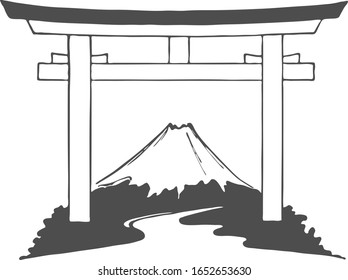 Mount Fuji, Japanese gate, vector drawing. For textiles, postcards, posters, and backgrounds.