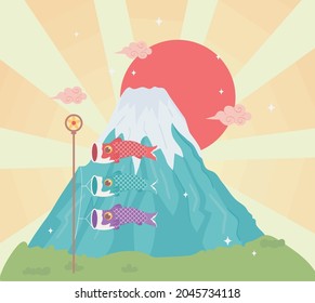 mount fuji and koi fish flags traditional