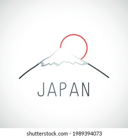Mount Fuji Kyoto and red sun. Japan simple emblem in line style. Vector illustration.