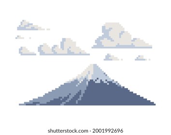 Mount Fuji landscape. Fujiyama mountain and clouds pixel art icon. 8-bit. Isolated vector illustration. 