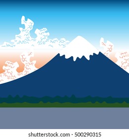 Mount Fuji, nature Flat mountain japan landscape. Water lake, forest mountain with snow-capped peaks, white clouds, blue pink sky, sunrise sunset. Vector