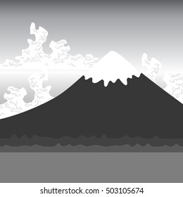 Mount Fuji, nature Flat mountain japan landscape. Water lake, forest mountain with snow-capped peaks, white clouds, sky, black gray. Vector