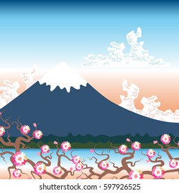 Mount Fuji, nature Flat mountain japan landscape. Water lake, forest mountain with snow-capped peaks, white clouds, blue pink sky, sakura flower, rosy pink Cherry sunrise sunset. Vector