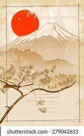 Mount Fuji On The Background Of The Sun