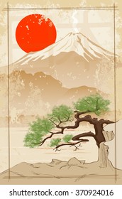 Mount Fuji on the background of the sun
