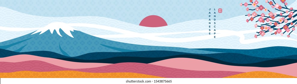 Mount Fuji panorama at sunset with sakura tree. Japanese greeting card or banner for Happy New Year 2020. Clouds, sun and asian patterns in modern style.