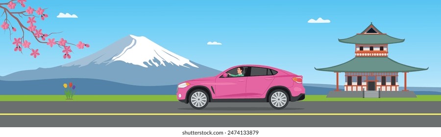 Mount Fuji. Panoramic day view of mount Fuji. Landscape with a mountain peak in Japan vector illustration.