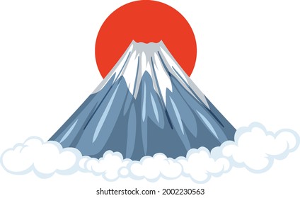 Mount Fuji with Red Sun in cartoon style isolated on white background illustration