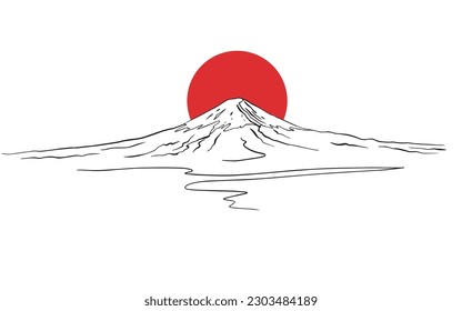 Mount Fuji and the red sun silhouette.