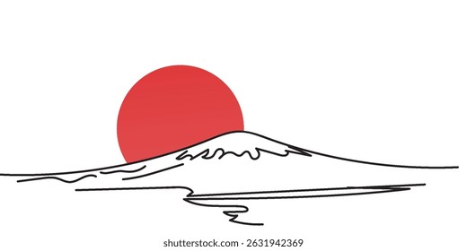 Mount Fuji and the red sun silhouette. vector