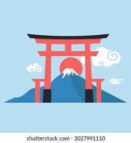 Mount Fuji red sun with torii gate 