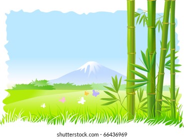 Mount Fuji rice fields and bamboo trees